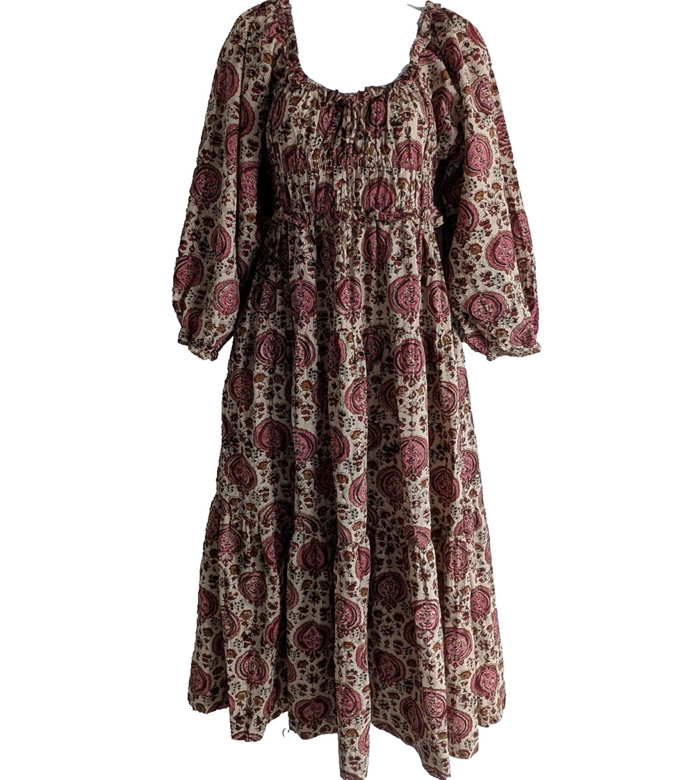 Anna Cate Midi Dress Womens XS Cottagecore Boho Peasant Puff Sleeve Block Print